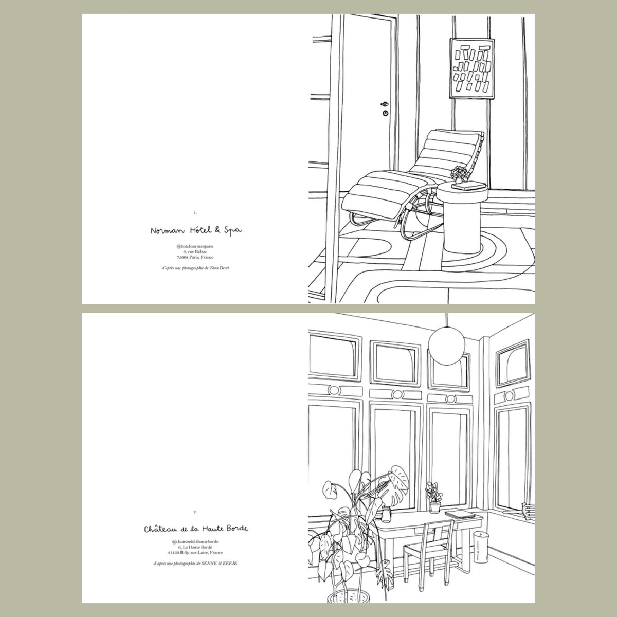 Pages intérieures livre de coloriages Hôtels de Zoé de las Cases aux éditions Hachette