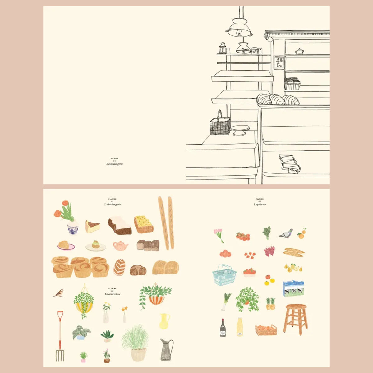 Pages intérieures du Livre de Coloriages et Sticker Le Marché Hachette par Zoé de las Cases